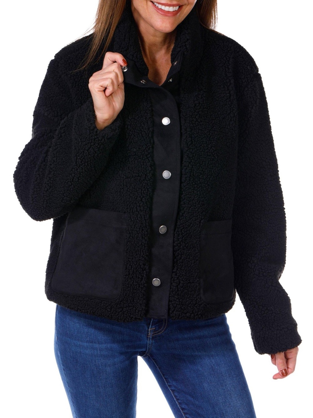 BearPaw Black Sherpa Snap-Front Teddy Jacket